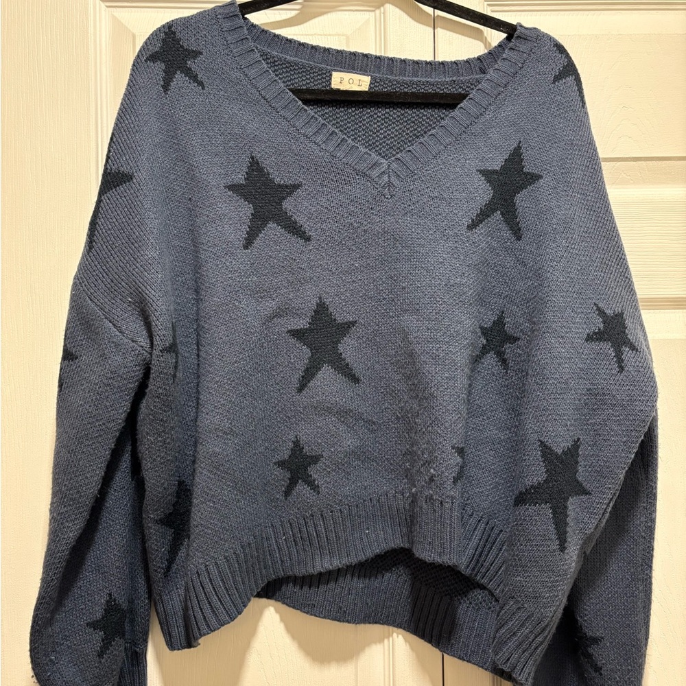 POL V-Neck Sweater with Star Design - Dark Blue